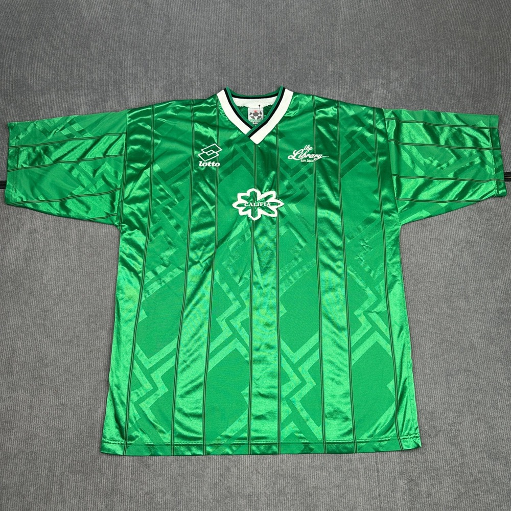 Vintage Lotto Soccer Jersey Green Geometric Pattern Number 9 XL San Diego Jersey